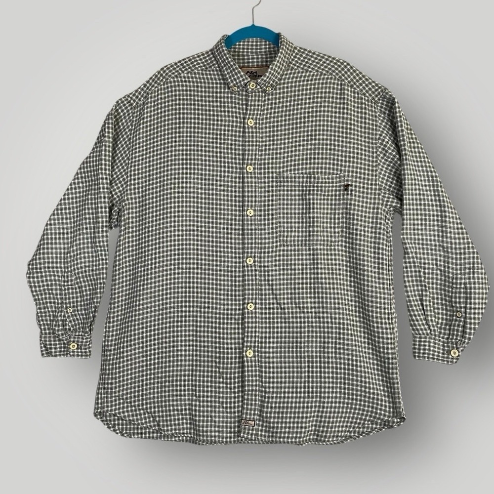 Vtg NO FEAR Button Down LS Shirt Size XL Green Gray White Made in‎ USA Cotton